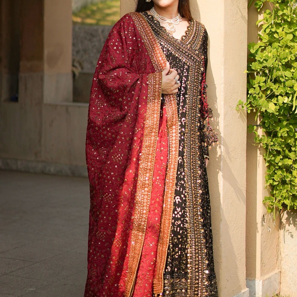 Three Piece Angrakha Style Long Pakistani Dress. New - Picture 3 of 12